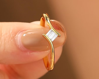 Unique baguette cut diamond engagement ring, Lab grown diamond promise bridal ring, solid 14k/18k gold ring, Anniversary gift for her