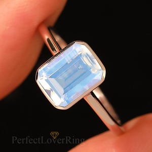 Solitaire Gemstone Ring/ Emerald Cut Moonstone Engagement Ring/ Anniversary Gift For Her/ Simple Bezel Set Ring/ Solid 14k Gold Bridal Ring