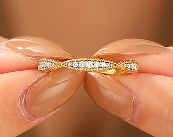 Vintage diamond wedding band,Full eternity Lab grown diamond stacking matching Ring,Solid 14k yellow gold Promise bridal ring,Gift for her