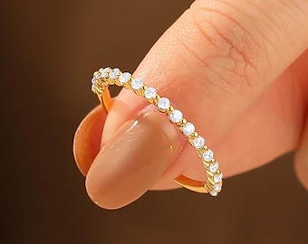Lab Grown Diamond or Moissanite Wedding Band, Solid 14k Yellow Gold Half Eternity Ring, Custom Stackable Matching Ring