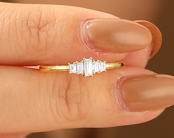 Antique cluster baguette moissanite Engagement ring, Moissanite stacking matching Band, Solid 14k/18k Yellow Gold, Anniversary gift for her