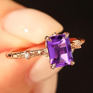 Unique Emerald Cut Amethyst Ring/ Purple Crystal Vintage Engagement Ring/ February Birthstone Handmade Ring/ Proposal Gifts for Women