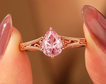 Antique Firework Cut Pear Pink Sapphire Ring, Solitaire Pink Sapphire Engagement Ring, Art Deco Filigree Rose Gold Band, Handcrafted Ring