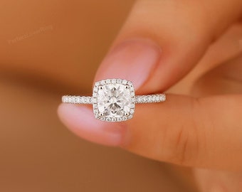 Cathedral Colorless Moissanite Ring/ 6.0mm Cushion Cut Moissanite Engagement Ring/ Half Eternity Wedding Promise Ring/ Moissanite Halo Ring