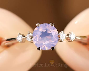 Dainty Round Cut Lavender Amethyst Engagement Ring, Purple Amethyst Promise Bridal Ring, Handmade Gemstone Ring, Anniversary Gift for Women