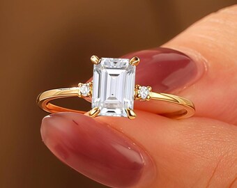 Antique Emerald Cut Moissanite Engagement Ring, Elegant Womens Wedding Promise Ring, 3 Stone Solid Gold Ring, Bridal Gift for her