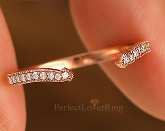 Open Moissanite Wedding Band, Rose Gold Gap Wedding Ring,  Pave Band Moissanite Wedding Ring Moissanite Stacking Ring,  Gift For Women