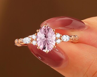 Antique Firework Cut Pink Sapphire Engagement Ring Rose Gold Oval Pink Sapphire Ring Moissanite Cluster Promise Ring Handmade Jewelry