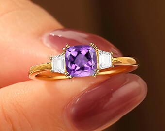 Vintage Cushion Shaped Natural Amethyst Engagement Ring, Purple Amethyst Wedding Promise Ring, Anniversary gift for Women, Handmade Ring
