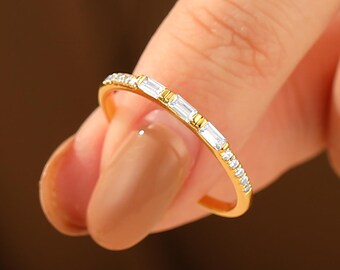 Dainty Baguette Lab Grown Diamond Wedding Band, 14K Yellow Gold Stacking Ring, Mixed Cut Diamond Ring, Minimalist Matching Ring for Women