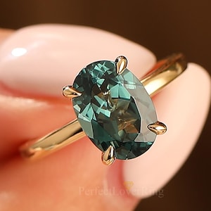 Solitaire Oval Cut Teal Blue Sapphire Engagement Ring/ Womens Bridal Promise Ring/ Blue Green Sapphire Wedding Ring/ Handmade Custom Ring