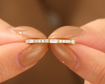 Minimalist Baguette Cut Lab Grown Diamond Wedding Band, Custom Matching Ring, Handmade 14K/18K Yellow Gold Ring for Women