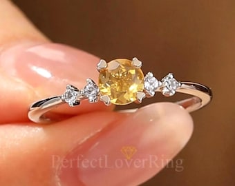 Antqiue Ring, Round Cut Natural Citrine Engagement Ring, Yellow Gemstone Bridal Ring Women, Solid 14k,18k Gold Ring, Gift for her