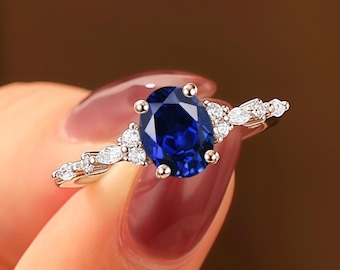 Vintage Oval Cut Blue Sapphire Engagement Ring, September Birthstone Gift Ring, Cluster Moissanite Wedding Ring, Solid White Gold Ring