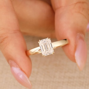 Double Prongs Ring/ 5.5x7.5mm Emerald Cut Moissanite Engagement Anniversary Ring/ Wide Band Ring/ Plain Band Ring/ Custom Solid Gold Ring