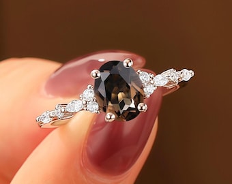 Vintage Oval Cut Smoky Quartz Engagement Ring, Anniversary Bridal Ring Women, Cluster Moissanite Wedding Ring, Solid White Gold Ring
