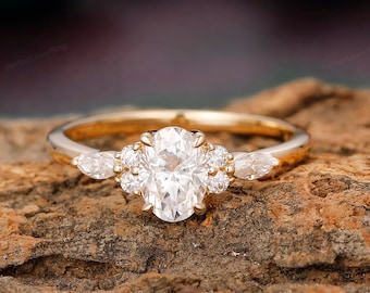 DEF VVS Lab Grown Diamond Ring/ 0.5-2ct Oval Cut Lab Grown Diamond Engagement Ring/ Cluster Ring/ Solid Gold Bridal Ring/ IGI Certified