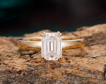 Double Prongs Ring/ 5.5x7.5mm Emerald Cut Moissanite Engagement Anniversary Ring/ Wide Band Ring/ Plain Band Ring/ Custom Solid Gold Ring