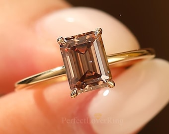 Solitaire Emerald Cut  Brown Coffee Moissanite Engagement Ring/ Prong Set Ring/ Simple Stackable Ring/ Propose Bridal Ring/ Anniversary Gift