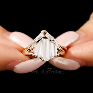 Vintage Baguette Moissanite Bridal Set/ 3x10mm Baguette Moissanite Center Engagement Female Ring/ Split Shank Promise Ring/ Unique Ring Set