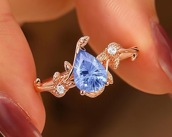 Delicate Firework Cut Blue Sapphire Engagement Ring, Sapphire Promise Bridal Ring, Solid Rose Gold Gemstone Leaf Design Ring, Cusom Jewelry