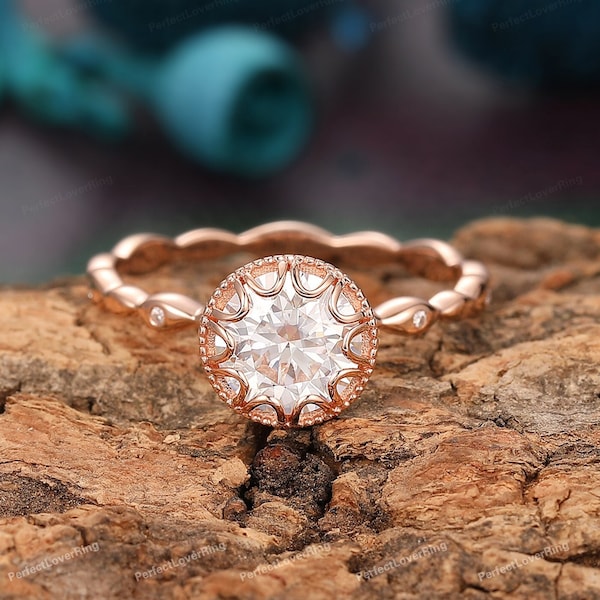 Vintage Bezel Set Round Cut Lab Grown Diamond Ring/ CVD Diamond Ring/ Wedding Promise Ring/ Solid 14K Rose Gold Ring/ IGI Certified Diamond