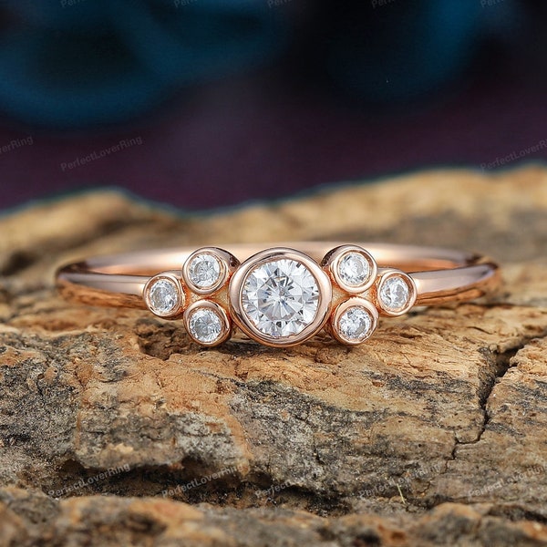 Dainty Moissanite Ring/ Moissanite Cluster Promise Bridal Ring/ Solid Rose Gold Ring/ Bezel Set Ring/ Handcrafted Ring/ Custom Jewelry