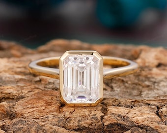 Vintage 2CT/3CT Emerald Cut Moissanite Engagement Ring/ Anniversary Ring For Women/ Bezel Set Wedding Promise Ring/ Gold Ring/ Proposal Ring