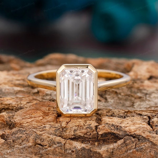 Vintage 2CT,3CT Emerald Cut Moissanite Engagement Ring, Anniversary Ring For Women, Bezel Set Wedding Promise Ring, Gold Ring, Proposal Ring