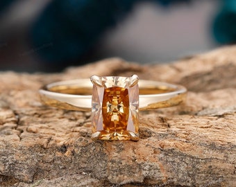 Brown Moissanite Ring/ 6.0x8.0mm Radiant Cut Champagne Moissanite Engagement Promise Ring/ Wide Band Ring/ Daily Ring/ Solid Gold Ring