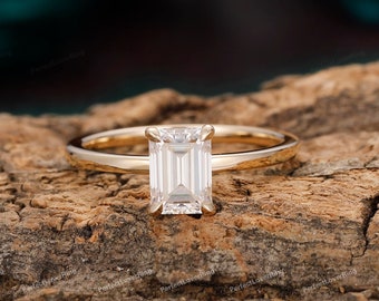 Solitaire ring/1CT/3CT Emerald Cut Moissanite verlovingsring/minimalistische 4 tanden bruiloft belofte ring/stapelbare ring/14K massief gouden ring