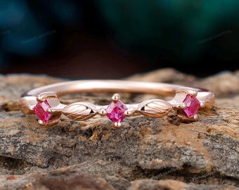 Delicate Wedding Band/ Ruby Promise Bridal Ring/ Square Ruby Wedding Ring/ Birthday Gift For Her/ Handmade Gemstone Ring/ 14k Solid Gold