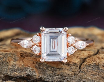 Vintage 2ct Emerald Cut Moissanite Engagement Ring/ Moissanite Cluster Wedding Promise Ring/ Propose Ring For Her/ Solid Rose Gold Ring