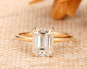 Handmade Custom Ring/ 6.0x8.0mm Emerald Cut Moissanite Engagement Ring/ 4 Prongs Wedding Promise Ring/ 14K Solid Gold Ring/ Stacking Rings