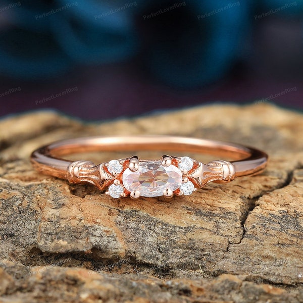 Minimalist Ring/ Oval Moissanite Promise Bridal Ring/ Solid Rose Gold Wedding Band/ Unique Moissanite Ring/ Custom Ring/ Valentine's Gift
