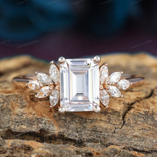 Vintage Ring/ Emerald Cut Moissanite Engagement Ring/ Moissanite Wedding Promise Ring/ Moissanite Cluster Ring/ Propose Ring For Her
