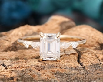 Antique Ring/ 2CT Emerald Cut Moissanite Anniversary Ring/ Moissanite Engagement Promise Ring/ Prong Set Wedding Bridal Ring/ Custom Ring