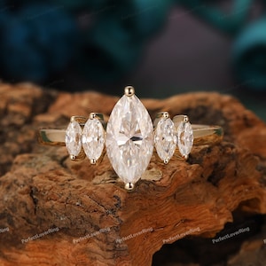 Vintage Moissanite Ring/ 10x5mm Marquise Cut  Moissanite Engagement Ring/ Cluster Ring/ Anniversary Ring For Women/ 14K Solid Gold Ring