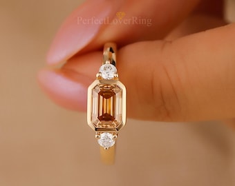 East West Bezel Emerald Cut Champagne Moissanite Ring/ Solid Gold Ring/ Moissanite Engagement Anniversary Ring/ Daily Ring/ Fine Jewelry