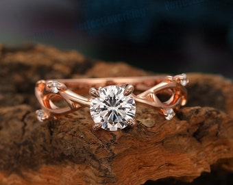 Runder Schnitt 6mm Moissanite Verlobungsring / Zweig Ehering / Twist Band Ring / Diamant Versprechen Brautring / Stapelbarer Ring / Rose Gold Ring