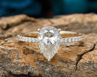 Water Drop Shape/ 6.0x9.0mm Pear Cut Moissanite/ Engagement Wedding Promise Ring/ 5 Prongs/ Half Eternity/ Antique Stack Ring/ 14K Gold Ring