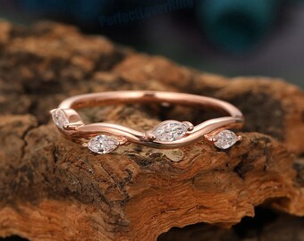 Moissanite Wedding Band/ Leaf Stackable Ring/ Vine Ring Rose Gold Ring/ Marquise Cut Moissanite Bridal Promise Ring/ Women Vintage Ring