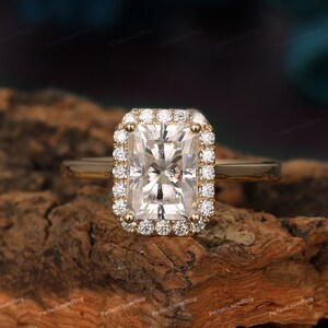 Halo Ring/ 6x8mm Radiant Cut Moissanite Ring/ Engagement Ring/ Anniversary Ring/ Stackable Ring/ Plain Gold Band Ring/ 14K Yellow Gold Ring