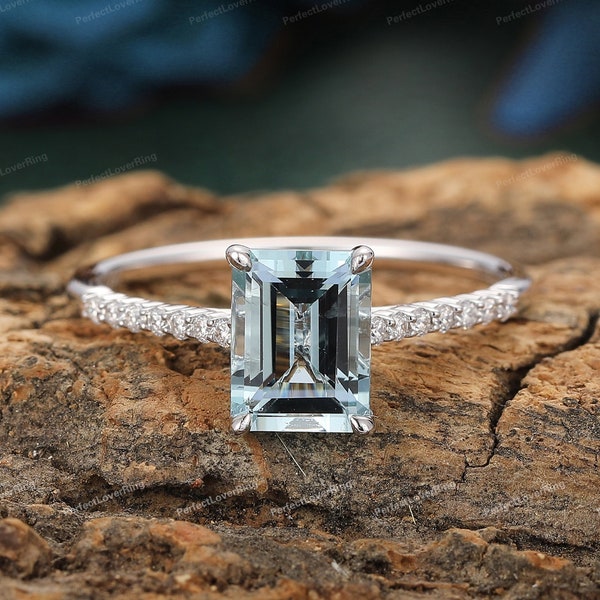 Dainty Natural Aquamarine Engagement Ring/ 6x8mm Emerald Cut Aquamarine Wedding Promise Ring/ Half Eternity Ring/ Solid White Gold Ring