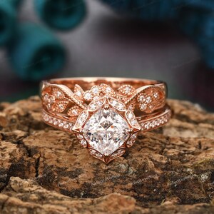 Bridal Sets/ 6.0mm Cushion Cut Moissanite/ Engagement Promise Ring/ Wedding Band/ Halo Antique Ring/ Floral Leaf Design/ Stack Ring/ 2pcs