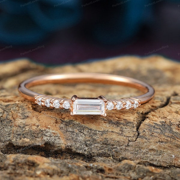 Wedding Band/ Baguette Moissanite  Engagement Ring/ Solid Rose Gold Wedding Band/ Stack Wedding Ring/ Thin Band Ring/ Custom Handmade Ring