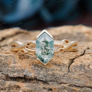 Art Deco Agate Ring/ 5x9mm Long Hexagon Cut Natural Moss Agate Engagement Ring/ Leaf Ring Anniversary Promise Ring/ Gift For Girlfriend