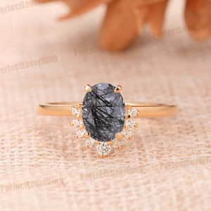 14K Solid Gold Gemstone Ring/ 6x8mm Oval Shape Natural Black Rutilated Quartz Ring/ Custom Made Engagement Ring/ Special Design Bridal Ring image 1