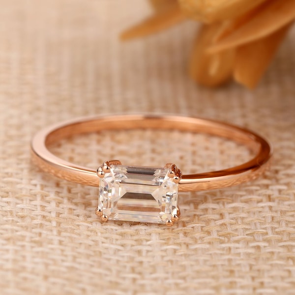 Solitaire  Ring/ 5.0x7.0mm Emerald Cut Moissanite/ Engagement Wedding Promise Ring/ 14K Solid Rose Gold/ Stack Ring/Anniversary Gift For Her