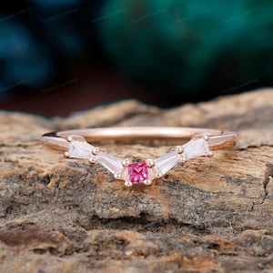 Ruby Wedding Band/ Vintage moissanite Wedding Ring/ Curved Matching Stacking Ring/ Rose Gold Anniversary Ring/ Gift For Women/ Custom Ring